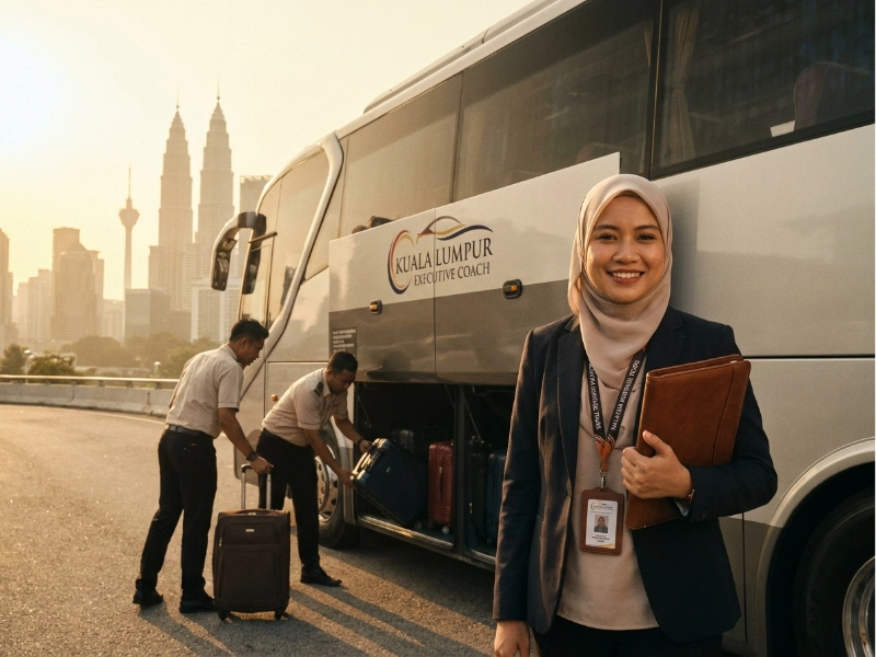 Malaysia ground handler and DMC team with private coach and Kuala Lumpur skyline