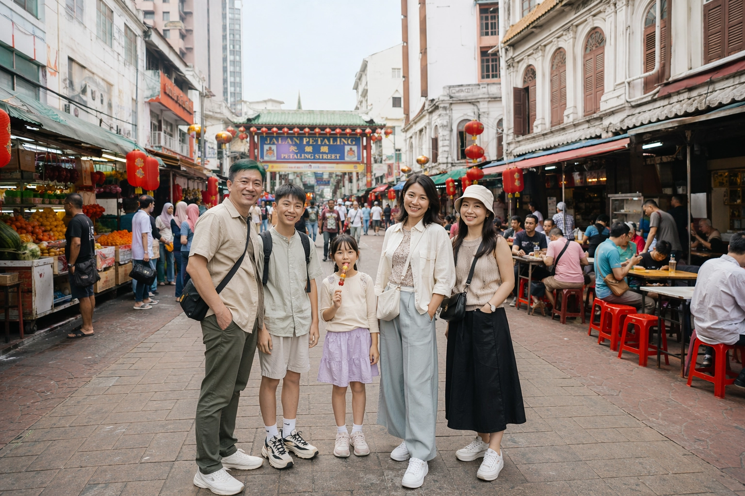 中国家庭在马来西亚旅行中合影