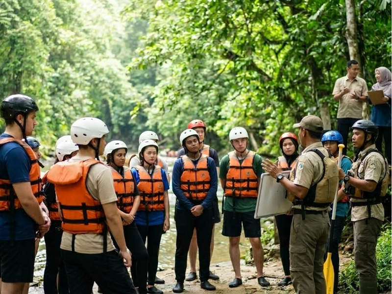 Students on a supervised rainforest river activity in Malaysia