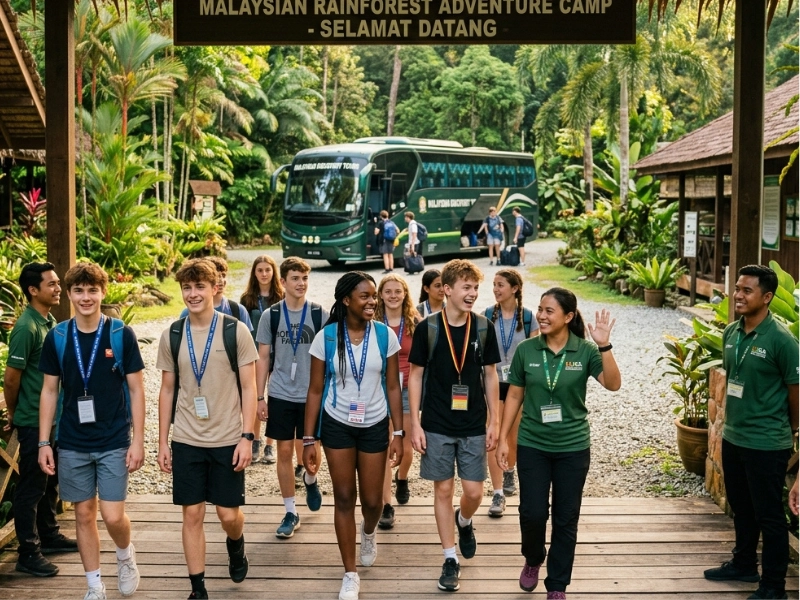 Malaysian trip coordinator briefing teachers before a student activity day